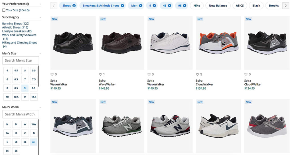 A screenshot of the Zappos website with filtering options